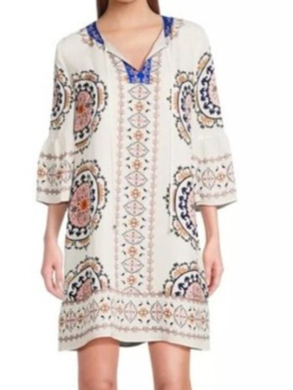 Johnny Was Jade Lorianne Mini Dress S Silk Blend Print, Flare Sleeves, SilkLined
